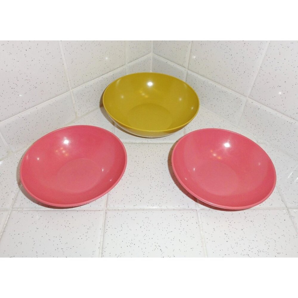 Vintage Pink & Mustard Yellow Sun Valley Melmac Snack Bowl Set of 3 mcm serving